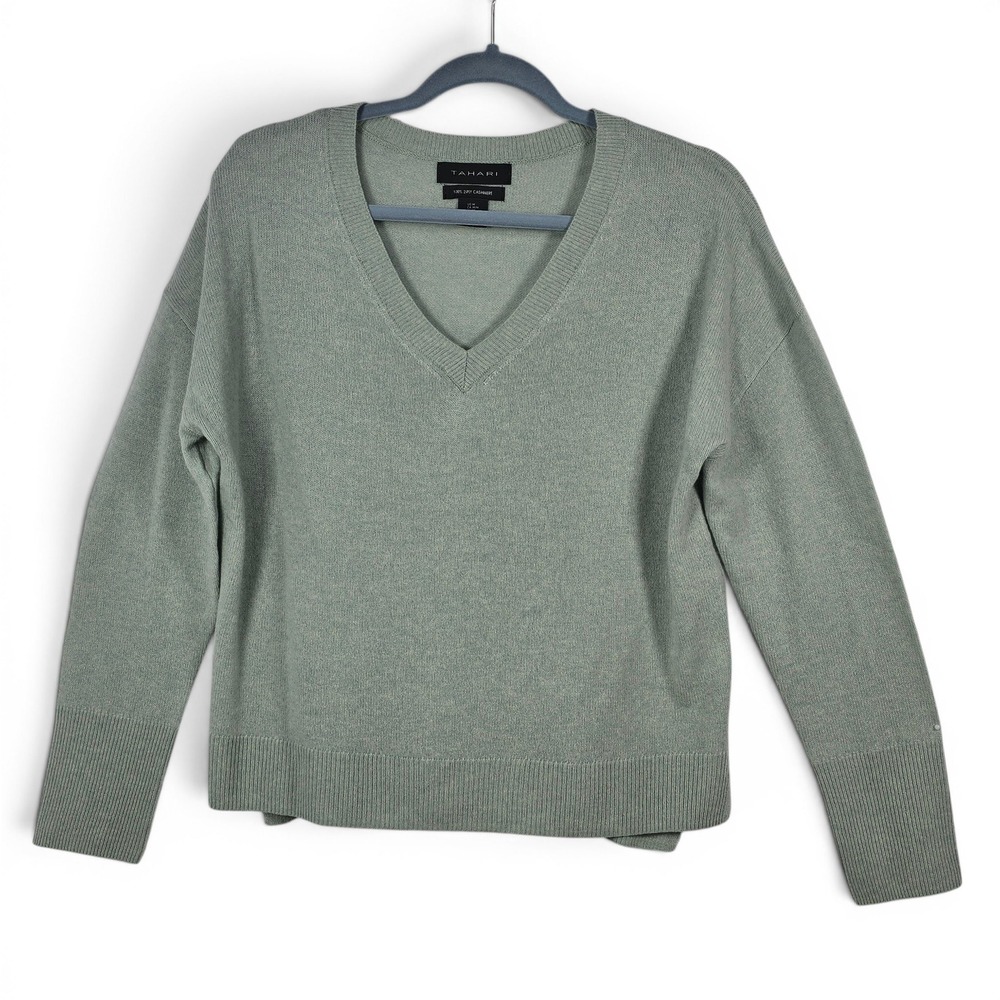 Tahari Womens 100% 2-Ply Cashmere V-Neck Sweater Sage Green Size Medium Relaxed